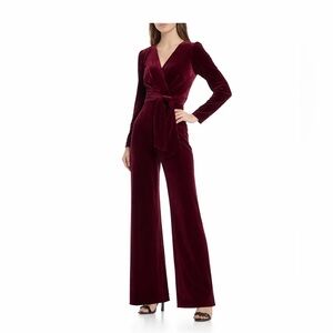Antonio Melanie‎ Velvet Jumpsuit Size 8 Burgandy Red Wide Leg Belted Holiday NYE